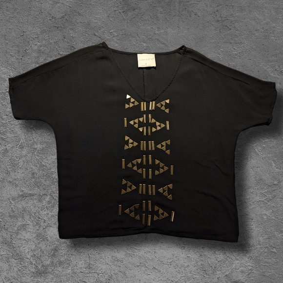 Anthropologie Line & Dot Loose Black Boxy Top Sheer Panels Brass Beading sz XS - Picture 1 of 5